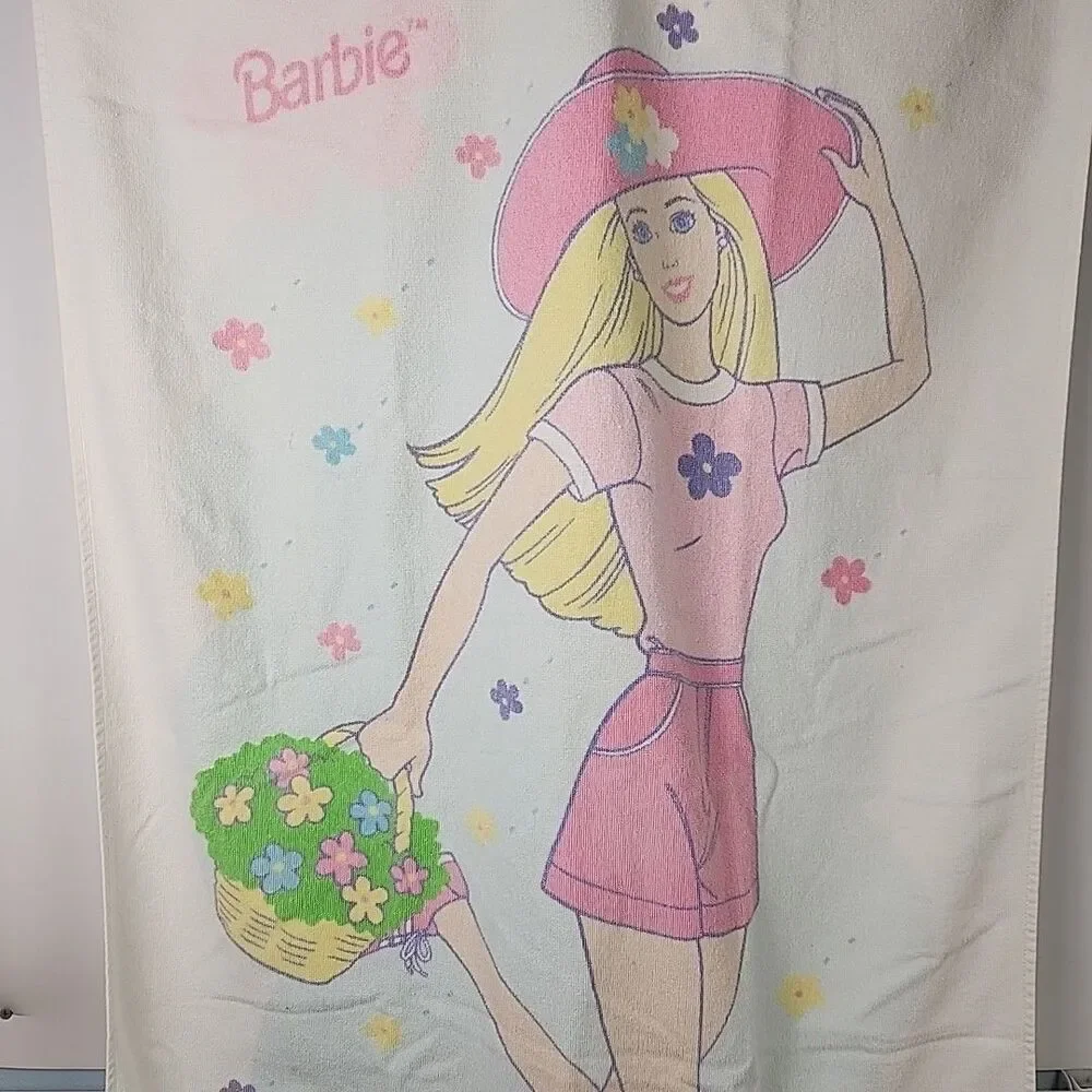 Vtg 1998 Barbie Mattel Beach Bath Towel Flower Shop by Franco 48 x 27